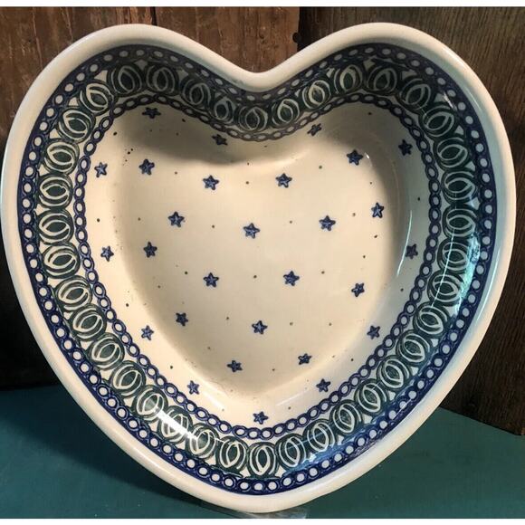 Polish Pottery Heart Shaped Bowl Ceramika Artystyczna Plaque Stars - Picture 1 of 6